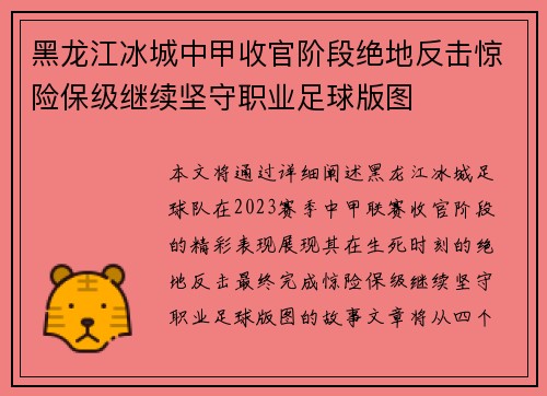 黑龙江冰城中甲收官阶段绝地反击惊险保级继续坚守职业足球版图 黑龙江冰城中甲收官阶段绝地反击惊险保级继续坚守职业足球版图
