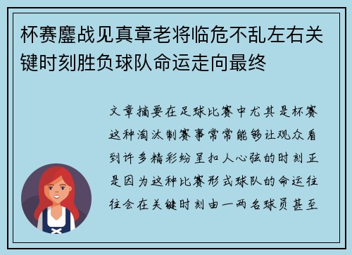 杯赛鏖战见真章老将临危不乱左右关键时刻胜负球队命运走向最终 杯赛鏖战见真章老将临危不乱左右关键时刻胜负球队命运走向最终